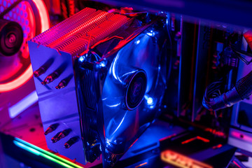 the new rgb color cooler ventilater installed on the cpu in gaming pc computer