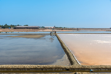Background of sea water prepare in the salt field to let it dry from sun with blue sky in Thailand,...
