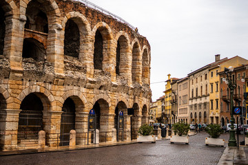 Fototapeta na wymiar View of Verona Arena in rainy day . One of the classical building from Roman Era locate in the old town of Verona , Veneto , Italy