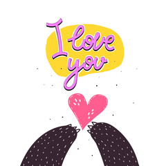 I love you. Hand drawing lettering on a colored figure, cartoon paws of a bear with a heart, decor elements. flat style vector illustration. romance. St. Valentine's Day. calligraphic font, phrase. De