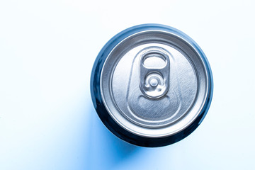 Top view of an isolated recyclable aluminium can of a carbonated drink with a soft shadow