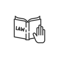 Hand and Law book line icon. linear style sign for mobile concept and web design. Truth, oath on constitution book outline vector icon. Law and Justice symbol, logo illustration. Vector graphics