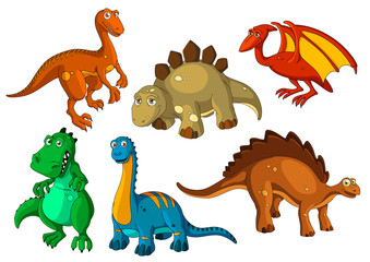 Dinosaur animal cartoon icon set. Funny dino prehistoric reptiles and predators. Jurassic monster, brontosaurus, raptor, tyrannosaurus, stegosaurus and pterodactyl, velociraptor apatosaurus © Buch&Bee