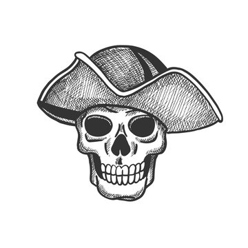 Skull of pirate isolated sketch for tattoo or Halloween themes design. Scary skeleton with vintage hat of sea captain for piracy flag and jolly roger symbol design