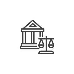 Court building with justice scales line icon. linear style sign for mobile concept and web design. Courthouse building outline vector icon. Symbol, logo illustration. Vector graphics