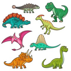 Cartoon dinosaur characters, funny dinos. Vector triceratops, tyrannosaurus, stegosaurus and brontosaurus, pterodactyl, parasaurolophus and spinosaurus, diplodocus and ankylosaurus © Buch&Bee