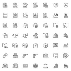 Law and justice line icons set. Judgement linear style symbols collection outline signs pack. vector graphics. Set includes icons as courthouse, legal documents, lawyer attorney, jury, judge courtroom