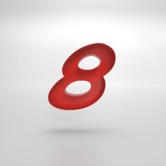 3d rendering of the number 8 in red gloss on a white isolated background.