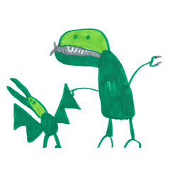 Hand drawn childish illustration of two green dinosaurs on white background. Children marker cartoon characters.
