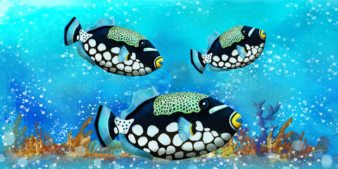 cartoon scene with fishes in the beautiful underwater kingdom coral reef - illustration for children