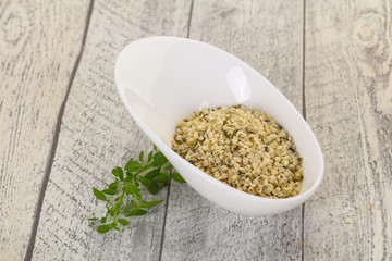 Peeled hemp seeds in the bowl