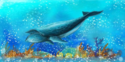 cartoon scene with fishes in the beautiful underwater kingdom coral reef - illustration for children
