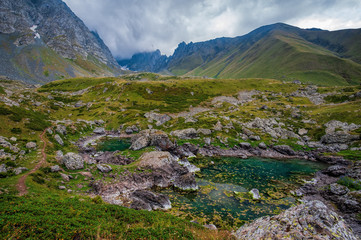 View of the Blue Abudelauri lakes in the evening, Khevsureti, Georgia