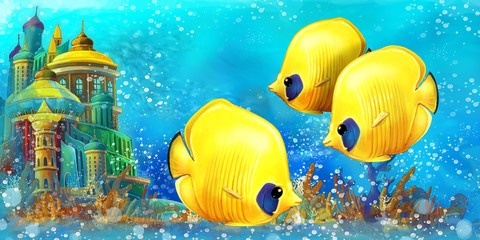 Plakat cartoon scene with fishes in the beautiful underwater kingdom coral reef - illustration for children
