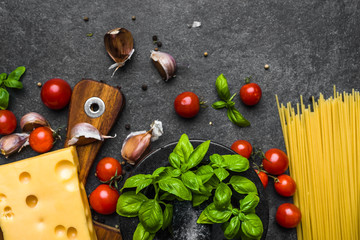 Naklejka na ściany i meble Ingredients of spaghetti, italian food background, cooking concept