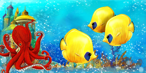 cartoon scene with fishes in the beautiful underwater kingdom coral reef - illustration for children