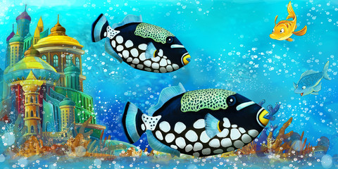 Fototapeta na wymiar cartoon scene with fishes in the beautiful underwater kingdom coral reef - illustration for children