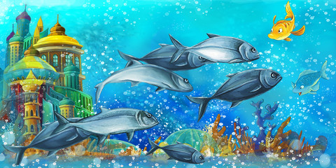 Obraz na płótnie Canvas cartoon scene with fishes in the beautiful underwater kingdom coral reef - illustration for children