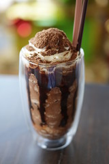 Holiday meu in Thailand,Ovaltine frappe volcano with bokeh background.