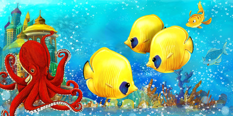Fototapeta na wymiar cartoon scene with fishes in the beautiful underwater kingdom coral reef - illustration for children