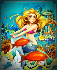 Fototapeta na wymiar cartoon scene with mermaid princess sitting on big shell in underwater kingdom with fishes - illustration for children