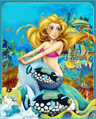 Plakat cartoon scene with mermaid princess sitting on big shell in underwater kingdom with fishes - illustration for children