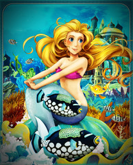 Fototapeta na wymiar cartoon scene with mermaid princess sitting on big shell in underwater kingdom with fishes - illustration for children