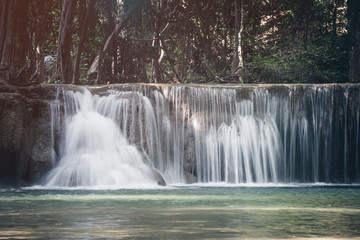 Fototapeta premium Close up of Huay Mae Khamin Second Level, Paradise Waterfall located in deep forest of Kanchanaburi Thailand.