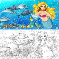 Obraz na płótnie Canvas cartoon scene with mermaid princess sitting on big shell in underwater kingdom with fishes with coloring page - illustration for children