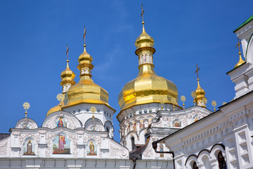 Beautiful golden-domed orthodox church. Kyiv-Pechersk Lavra in Kyiv, Ukraine