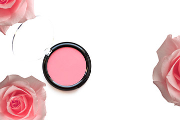 Blush on a white background with rose buds.