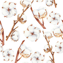 Watercolor cotton seamless background, hand drawn botanical repeating pattern.