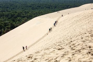 People walking on the top of the Dune of Pilat, the tallest sand dune in Europe. La Teste-de-Buch, Arcachon Bay, Aquitaine, France