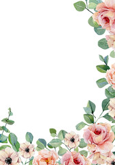 Fototapeta premium Watercolor floral frame with flowers roses, peonies, anemones isolated on white background. Botanical illustration for cards, wedding invitation, posters, banner.