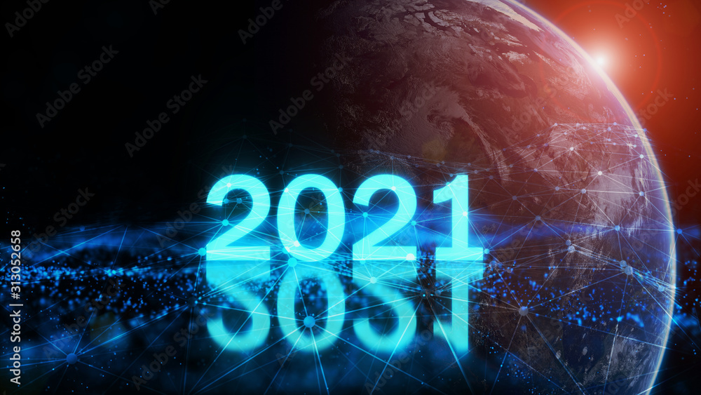 Wall mural 2021 vision technology. global network for the exchange of data on the planet earth. blue black grou