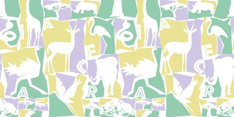 Seamless pattern African animals and birds. Colorful illustration in flat style. white background, light colors. Ideal for fabric design, poster printing, wrapping paper. modern design.