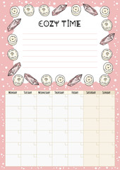 Boho monthly calendar with white candles and quartz crystals decorative elements, place for notes and to do list. Cozy lagom planner. Cute cartoon style hygge template for agenda, planners