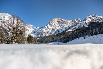 Fototapeta na wymiar Sunny winter landscape in the nature: Mountain range, snowy trees, sunshine and blue sky