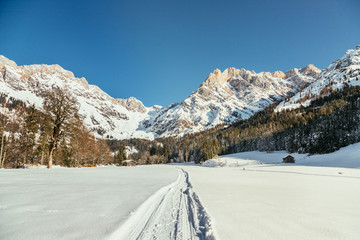 Sunny winter landscape in the nature: Mountain range, footpath, snowy trees, sunshine and blue sky