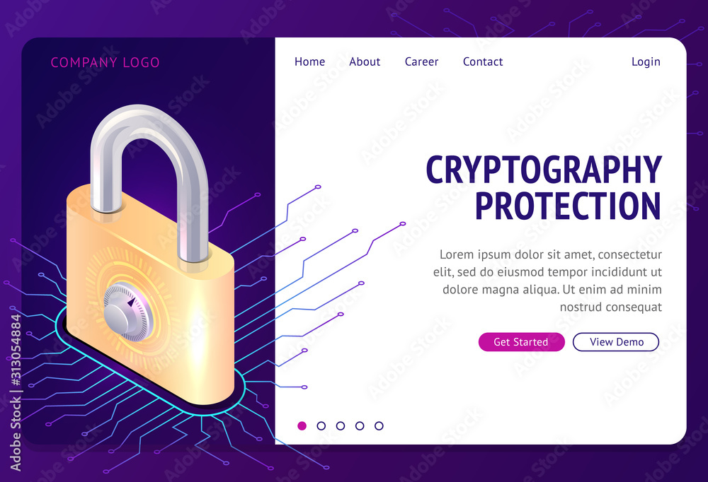 Poster cryptography protection, vector web banner isometric concept. large lock with combination lock and e