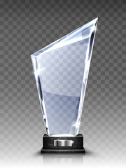 Glass award trophy or winner prize realistic vector illustration. Transparent crystal plate or blank acrylic frame on black marble pedestal, isolared front view with light and shadow - obrazy, fototapety, plakaty