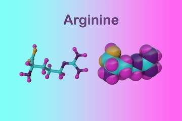Molecular structure of arginine, an essential amino acid used in the biosynthesis of proteins. Medical background. Scientific background. 3d illustration