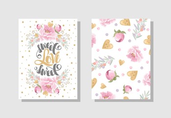 Set of Valentine's day Greeting cards with flowers, sweets, branches, romantic elements and handwritten text.  Vector illustration. Template for invitation, greeting, greetings, posters.