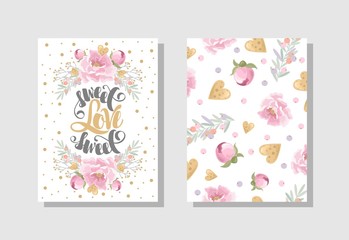 Set of Valentine's day Greeting cards with flowers, sweets, branches, romantic elements and handwritten text.  Vector illustration. Template for invitation, greeting, greetings, posters.