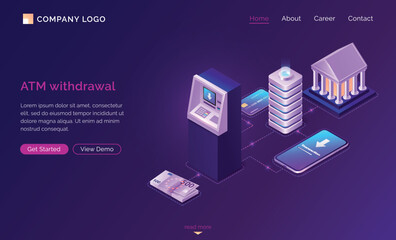 ATM withdrawal isometric concept vector banner. Banking technology, financial apps, cache machine and smartphone, credit card and euro cash money, bank building with connection lines on ultraviolet