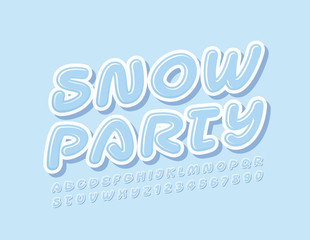 Vector stylish Sign Snow Party. Creative White Font. Playful Alphabet Letters and Numbers.