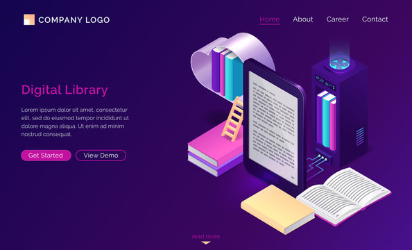 Online digital library isometric concept vector illustration. Virtual cloud shelf with books, server and open e-book screen isolated on purple background, landing page website, electronic reading