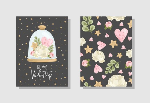 Set of Valentine's day Greeting cards with flowers, sweets, branches, romantic elements and handwritten text.  Vector illustration. Template for invitation, greeting, greetings, posters.