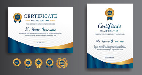 Premium gold and blue certificate of appreciation template, clean modern design with gold badge