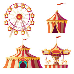 Amusement park, carnival or festive fair cartoon vector illustration. Merry-go-round, circus tent and ferris wheel, elements for children summer fun isolated on white background, announcement set © klyaksun